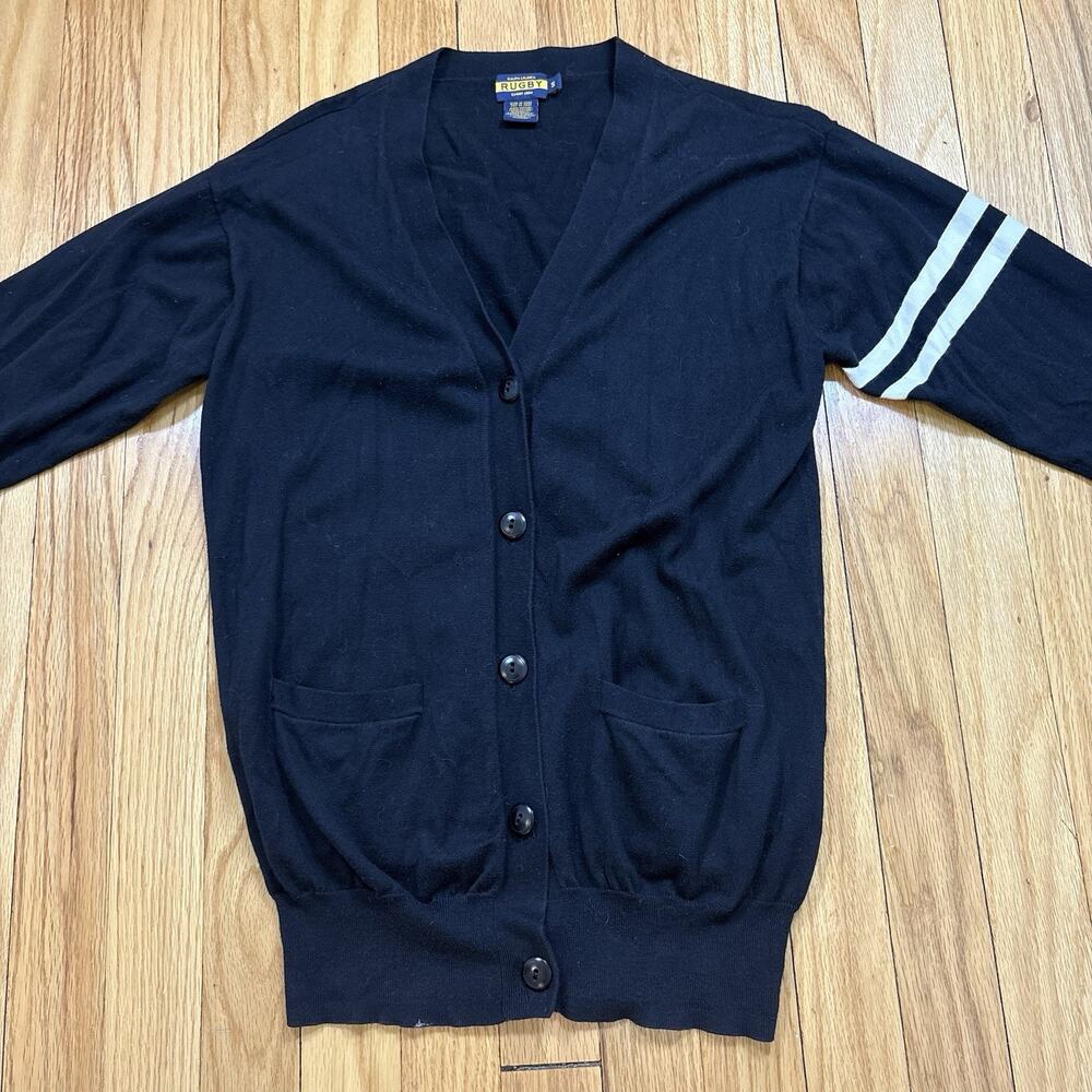 VTG Rugby Polo Ralph Lauren Solid Arm Stripe Cardigan Sweater Size Small Black